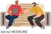 Drunk men sitting on couch and quarrelling. Male characters drink alcohol. Guys alcoholics with bottle of beer. Quarrel of drunk men with hangover. People spend time together at home with alcohol. Drunk men on couch quarrel. Male characters drink alcohol. Guys alcoholics with bottle of beer. Стоковая иллюстрация, агентство Ingram Publishing / Фотобанк Лори