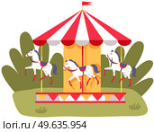 Carousel with three colored horses on playground. Outdoor entertainment for children. Colorful attraction with animals fo kids. Carousel in park vector illustration. Toy horses on ride attraction. Carousel with three colored horses on playground. Outdoor entertainment for children in park. Стоковая иллюстрация, агентство Ingram Publishing / Фотобанк Лори