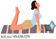 Young woman working out doing exercises at home. Girl doing yoga on mat. Sportswoman stretches in apartment. Yogi performs physical exercise by video on computer. Healthy lifestyle and sports activity. Young woman working out doing exercises at home. Yogi performs physical exercise, doing yoga. Стоковая иллюстрация, агентство Ingram Publishing / Фотобанк Лори