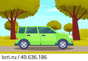 Car drive on an asphalt road in countryside against green forest with large trees. Country road summertime flat vector illustration. Car tourism, family auto trip, journey, automobile transport. Car drive on asphalt road in countryside against green forest with large trees. Car tourism, journey. Стоковая иллюстрация, агентство Ingram Publishing / Фотобанк Лори