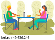 Urban park visitors drink coffee at table. Young man and woman are sitting in outdoor cafe and drinking hot beverage. People in relationship communicate on date together during cold weather. Young man and woman are sitting in outdoor cafe and drinking hot beverage on date together. Стоковая иллюстрация, агентство Ingram Publishing / Фотобанк Лори