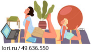 Young woman working out doing exercises at home. Girl doing yoga on mat. Sportswoman stretches in apartment. Yogi performs physical exercise by video on computer. Healthy lifestyle and sports activity. Young woman working out doing exercises at home. Yogi performs physical exercise, doing yoga. Стоковая иллюстрация, агентство Ingram Publishing / Фотобанк Лори
