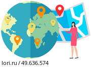 Woman standing beside globe with map pins on it. Geographic location, choice of travel destination, trip or journey planning, world navigation. Traveling around world. Girl works in tourism industry. Girl works in tourism industry. Woman near globe with map pins. Choice of travel destination. Стоковая иллюстрация, агентство Ingram Publishing / Фотобанк Лори