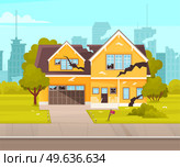 House destroyed by earthquake. Cracks in walls of home. Residential building with destroyed facade due to natural disaster. Aftermath of earthquake in city. Damaged house with broken glasses. Residential building with destroyed facade due to natural disaster. Aftermath of earthquake in city. Стоковая иллюстрация, агентство Ingram Publishing / Фотобанк Лори