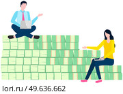 Businesspeople sitting on stairs made of dollar bills. Metaphor for growth and making money. Rich characters enjoying success on top of stack of banknotes. People communicate and work with laptops. Characters enjoying success on top of stack of banknotes. People communicate and work with laptops. Стоковая иллюстрация, агентство Ingram Publishing / Фотобанк Лори