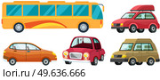 Modern automobile and yellow traveler bus set. Minivan or multi purpose vehicle isolated on white. Convenient mean of transportation, modern model of car. Economical family car, tourist autocar. Modern automobile and yellow traveler bus set. Minivan or multi purpose vehicle isolated on white. Стоковая иллюстрация, агентство Ingram Publishing / Фотобанк Лори