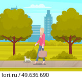 Business woman with small white dog is walking on street. Female character stylish girl spends time outdoors with her pet. Owner walks with cheerful puppy on leash in city park wih green trees. Business woman with small white dog is walking on street. Female character girl spends time outdoors. Стоковая иллюстрация, агентство Ingram Publishing / Фотобанк Лори