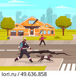 Damaged city street. Earthquake concept. Damage of earthquake, cataclysm damages road destruction and destroyed urban crossroad. Apocalypse town, war disaster or car destroy earthquake. World end. Damaged city street. Earthquake damage, cataclysm damages road destruction and destroyed urban crossroad. Стоковая иллюстрация, агентство Ingram Publishing / Фотобанк Лори