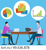 Business team mind map. Group of people thinking and brainstorming. Men at meeting discussing doing business. Characters work with enterprise data and statistics. Businesspeople communicate and work. Business team mind map. Group of people thinking and brainstorming. Men at meeting discussing work. Стоковая иллюстрация, агентство Ingram Publishing / Фотобанк Лори