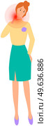 Unhappy girl is suffering from neck pain. Upset woman feeling muscle or joint injury isolated on white background. Sad female character touching her body. Sick person is having pain in her neck. Unhappy girl is suffering from pain in her neck. Upset woman feeling muscle or joint injury. Стоковая иллюстрация, агентство Ingram Publishing / Фотобанк Лори