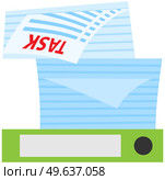Stack of documents and assignments isolated on white background. Paper sheets with tasks for doing at work. List of assignments to be done by employee at work. Sheets of paper with inscription task. Stack of documents and assignments on folder. Paper sheets with tasks for doing paperwork. Стоковая иллюстрация, агентство Ingram Publishing / Фотобанк Лори