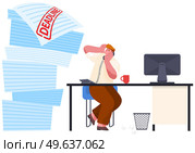 Busy businessman stressed due to excessive paperwork. Male employee performs work with documents to deal with deadlines in office. Man is talking on phone and looking at huge stack of tasks. Man is talking on phone and looking at huge stack of tasks to deal with deadlines at work. Стоковая иллюстрация, агентство Ingram Publishing / Фотобанк Лори