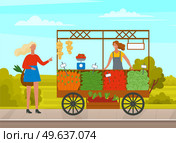 Outdoor farm products store, street vending tent. Woman sells natural vegetables grown in garden. Selling food in bazaar. Stall with fresh vegetables. Girl weighs goods. Farming and agronomy concept. Outdoor farm products store, street vending tent. Woman sells natural vegetables grown in garden. Стоковая иллюстрация, агентство Ingram Publishing / Фотобанк Лори