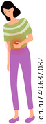 Diarrhea or constipation. Abdomen disease and illness. Girl with sad face suffering from stomachache. Painful sensations in belly. Woman with abdominal pain. Female character feeling pain in abdomen. Girl with sad face suffering from stomachache. Female character is feeling pain in abdomen. Стоковая иллюстрация, агентство Ingram Publishing / Фотобанк Лори
