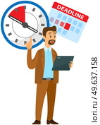 Serious businessman standing, pointing at clock and showing that employee is late. Manager explains few minutes left until end of term. Director keeps track of schedules at work to deal with deadline. Manager keeps track of schedules at work to deal with deadline and points at clock with time. Стоковая иллюстрация, агентство Ingram Publishing / Фотобанк Лори