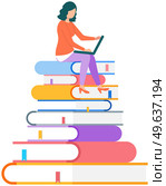 Young woman sitting on pile of books and using her laptop. E-learning, webinar, online video training, distance working concept. Female freelancer performing task and doing work with technology. Young woman sitting on pile of books and using her laptop. Female freelancer doing computer work. Стоковая иллюстрация, агентство Ingram Publishing / Фотобанк Лори