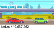 Elevated road junction and interchange overpass. City landscape with electric train on highways. Road infographics with highway, passenger transport, cars on road on background of skyscrapers. City landscape with electric train on highways. Transport, cars on road on background of skyscrapers. Стоковая иллюстрация, агентство Ingram Publishing / Фотобанк Лори