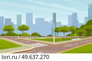 Landscape of urban city park. Modern cityscape of town center with crossroads. Crossing roads against background of tall buildings and skyscrapers. Roadway, cityscape and nature vector illustration. Landscape of urban city park with roaway, roads. Modern cityscape of town center with crossroads. Стоковая иллюстрация, агентство Ingram Publishing / Фотобанк Лори