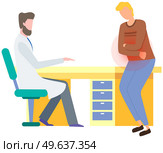 Man with abdominal pain in consultation with doctor. Gastroenterologist consults patient with stomachache. Diarrhea or constipation. Abdomen disease and illness. Person suffering from pain in abdomen. Gastroenterologist consults patient with stomachache. Man with abdominal pain in consultation. Стоковая иллюстрация, агентство Ingram Publishing / Фотобанк Лори