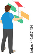 Man looking at whiteboard with schemes vector, programmer examining charts and info on board. Male character is considering color block diagram with information, analyzes data, research project. Man looking at whiteboard with schemes vector, programmer examining charts and info on board. Стоковая иллюстрация, агентство Ingram Publishing / Фотобанк Лори
