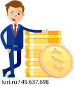 Billionaire businessman near stack of golden coins. Rich man in costume shoveling up money. Man with bunch of money. Business success concept. Rich male character shows money in form of gold coins. Rich male character with gold coins. Successful man near stack of money. Business success concept. Стоковая иллюстрация, агентство Ingram Publishing / Фотобанк Лори