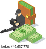 Man works on computer and makes money. Male character in black clothes with laptop sitting next to wallet. Guy near wallet with dollar bills. IT specialist works with laptop remotely and earn. IT specialist works with laptop remotely and earn money. Guy sitting near wallet with dollar bills. Стоковая иллюстрация, агентство Ingram Publishing / Фотобанк Лори
