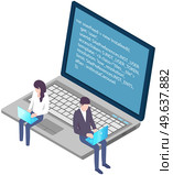 Programmers working on computers. Programming or coding concept. Cartoon characters work with laptops, create program code. IT specialists are engaged in programming. Teamwork with coding and programs. IT specialists are engaged in programming. Teamwork with coding and program code creation. Стоковая иллюстрация, агентство Ingram Publishing / Фотобанк Лори