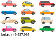 Set of modes of transport and machine shapes. Transport isolated on white background. Crossover, hatchback, pickup, cabriolet vehicle vector illustration. Cars of different types without drivers. Cars of different types without drivers. Set of modes of transport and shapes vector illustration. Стоковая иллюстрация, агентство Ingram Publishing / Фотобанк Лори