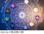 Horoscope zodiac circle with divination dice, top view. Fortune telling and astrology predictions concept, magic rituals and exoteric experience. Zodiac horoscope with divination dice. Стоковое фото, агентство Ingram Publishing / Фотобанк Лори