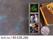 Gemstones set for relax and meditation. Magic ball and minerals for Reiki life balance, healing Crystal Ritual, Witchcraft, spiritual esoteric practice. Flat lay angle. Healing crystals concept. Стоковое фото, агентство Ingram Publishing / Фотобанк Лори