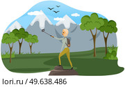 Climber reached summit of mountain. Traveling and technology concept. Lady with smartphone posing for photo on background of mountain landscape. Woman taking selfie outdoor. Girl traveling in nature. Lady with smartphone is posing for photo on background of mountain landscape. Woman taking selfie. Стоковая иллюстрация, агентство Ingram Publishing / Фотобанк Лори