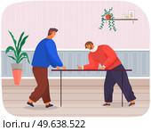 Office workers male characters meeting, discussing matters at table, considering business plan. Business people dressed in formal clothes are talking, communicating. Employee is consulting with chef. Office workers male characters meeting, discussing matters at table, considering business plan. Стоковая иллюстрация, агентство Ingram Publishing / Фотобанк Лори