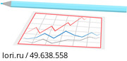 Graph paper with pencil. Business statistics and analytics in graphical form with growing lines. Pencil lies near sheet of paper with colored lines with financial indicators and mathematical dynamics. Graph paper with pencil. Business statistics and analytics in graphical form with growing lines. Стоковая иллюстрация, агентство Ingram Publishing / Фотобанк Лори