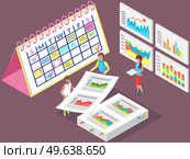 People analyze business success chart. Men stand next to calendar with goals and objectives. Young woman stands on background of banners with graph of work. Businesswoman communicates with colleagues. People analyze business success chart. Men stand next to calendar with goals and objectives. Стоковая иллюстрация, агентство Ingram Publishing / Фотобанк Лори