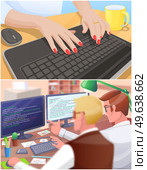 Business scenes set with brainstorming team, programmers write program code, discussion people, hands typing on keyboard, working with text. Teamwork staff at table with documents and computer. Business scenes set with programmers write program code, discussion people, hands typing on keyboard. Стоковая иллюстрация, агентство Ingram Publishing / Фотобанк Лори