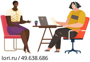 Person in headphones interviewing woman. Character records podcast, works at radio station. Broadcasting live, recording interview with studio guest. Girl communicates with journalist during podcast. Girl communicates with journalist during podcast. Person in headphones interviewing woman in studio. Стоковая иллюстрация, агентство Ingram Publishing / Фотобанк Лори