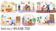 Set of illustrations about office workers hurrying up with assignments. Stressed employees working. People run, rush, do paperwork to deal with deadline. Chaos and bustle in office due to deadlines. Set of illustrations about employees hurrying up with assignments. Chaos in office due to deadlines. Стоковая иллюстрация, агентство Ingram Publishing / Фотобанк Лори