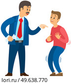 Angry boss shouting to employee. Conflict in office between chief and worker, stressed subordinate. Director scolds scared worker because of mistake problems at work scandal man feels fear of his boss. Angry boss shouting to employee. Conflict in office between chief and worker, stressed subordinate. Стоковая иллюстрация, агентство Ingram Publishing / Фотобанк Лори