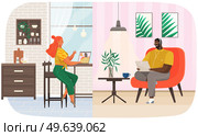Discussion, talk during work with technology. Young people enjoy doing interviews, making digital record with computer, headphones in studio. Characters are communicating, having conversation. Young people enjoy doing interviews, making digital record with computer, headphones in studio. Стоковая иллюстрация, агентство Ingram Publishing / Фотобанк Лори