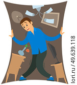 Man suffering from fear of closed narrow rooms. Frightened guy standing in shrinking little room, apartment. Person with claustrophobia, fear of enclosed spaces isolated on white background. Man suffers from fear of closed narrow rooms. Person with claustrophobia, phobia of enclosed spaces. Стоковая иллюстрация, агентство Ingram Publishing / Фотобанк Лори