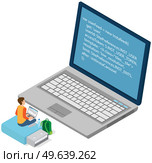 Young programmer coding new project standing on big laptop with command line. Man looking at laptop screen with program code. Programming or coding concept. Characters work with program code. Man looking at laptop screen with program code. Programmer coding new project on laptop. Стоковая иллюстрация, агентство Ingram Publishing / Фотобанк Лори