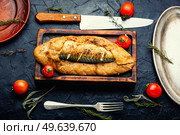Diet food, scomber baked in bread on cutting board. Mackerel baked in bread loaf. Стоковое фото, агентство Ingram Publishing / Фотобанк Лори