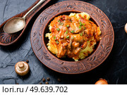 Taty beef stroganoff meat. Meat with mushrooms and mashed potatoes. Russian food. Delicious beef stroganoff meat. Стоковое фото, агентство Ingram Publishing / Фотобанк Лори