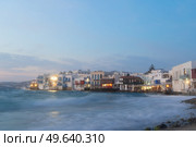 Lettle Venice waterfront at Mykonos island at night, Greece. Mykonos island, Greece. Стоковое фото, агентство Ingram Publishing / Фотобанк Лори