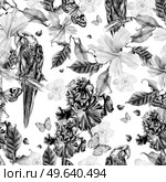 Watercolor pattern with pomegranates and flowers peony, hibiscus and parrot. Illustration. Watercolor pattern with pomegranates and flowers peony, hibiscus and parrot. Стоковое фото, агентство Ingram Publishing / Фотобанк Лори