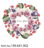 Beautiful watercolor of roses, flower anemone and raspberries . Bridal wreath. Illustration. Beautiful watercolor of roses, flower anemone and raspberries . Bridal wreath. . Стоковое фото, агентство Ingram Publishing / Фотобанк Лори