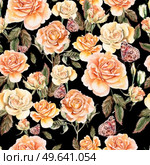 Pattern with watercolor realistic roses, butterflies and plants. Illustration.. Pattern with watercolor realistic roses, butterflies and plants. . Стоковое фото, агентство Ingram Publishing / Фотобанк Лори