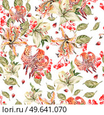 Beautiful watercolor pattern with lily flowers and berries of Viburnum. Illustration.. Beautiful watercolor pattern with lily flowers and berries of Viburnum. . Стоковое фото, агентство Ingram Publishing / Фотобанк Лори