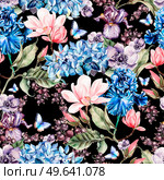 Watercolor colorful pattern with magnolia flowers, iris, hydrangea, anemone and currant berries. Illustrations. Watercolor colorful pattern with magnolia flowers, iris, hydrangea, anemone and currant berries. . Стоковое фото, агентство Ingram Publishing / Фотобанк Лори