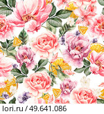 Seamless pattern with watercolor flowers.  Peonies, anemone, citrus  and roses. Illustration. Seamless pattern with watercolor flowers.  Peonies, anemone, citrus  and roses. . Стоковое фото, агентство Ingram Publishing / Фотобанк Лори